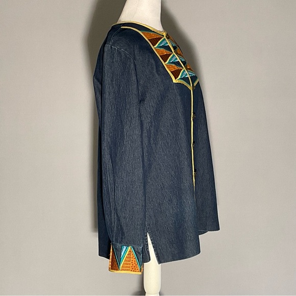 Bob Mackie Med Wearable Art Denim Shirt Inset/Cuffs Colorful Tribal Embroidery - Picture 11 of 16